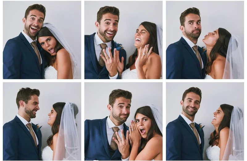 Six-frame photo booth strip of a bride and groom pulling faces against a white backdrop: photo booth rental in Brampton