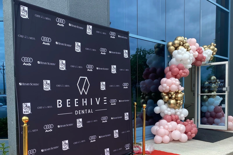 Beehive Dental custom backdrop: custom photo booth backdrop rental in Burlington