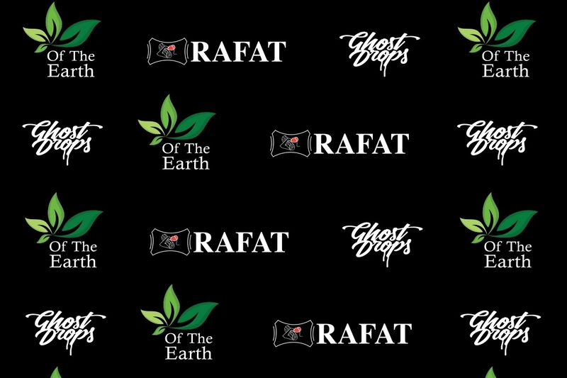 Black step-and-repeat backdrop printed with three sponsor logos: custom photo booth backdrop rental in Hamilton