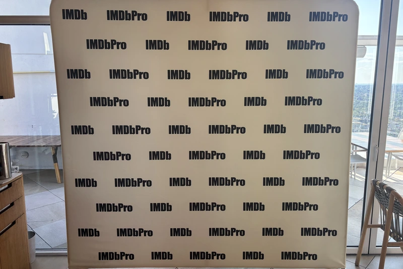 Custom backdrop with IMDbPro printed: custom photo booth backdrop rental in Hamilton