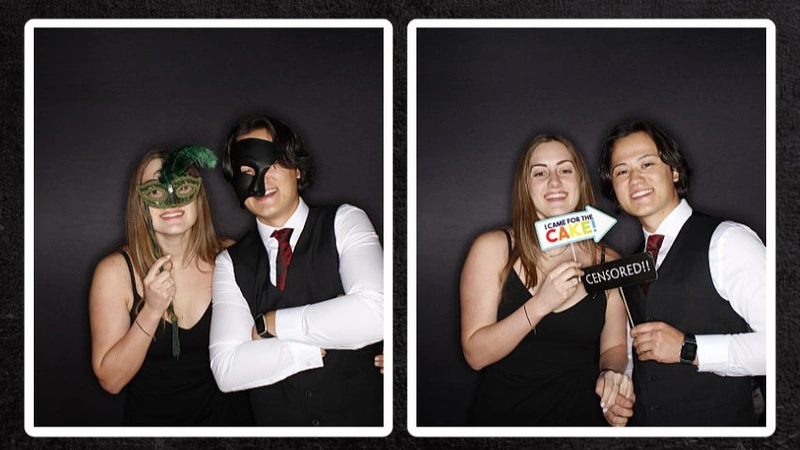Couple posing for an instant photo booth with props: instant photo booth rental in Mississauga