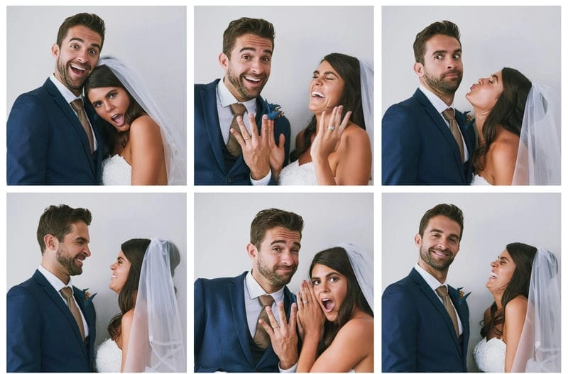 Six-frame photo booth strip of a bride and groom pulling faces against a white backdrop: wedding photo booth rental in Vaughan